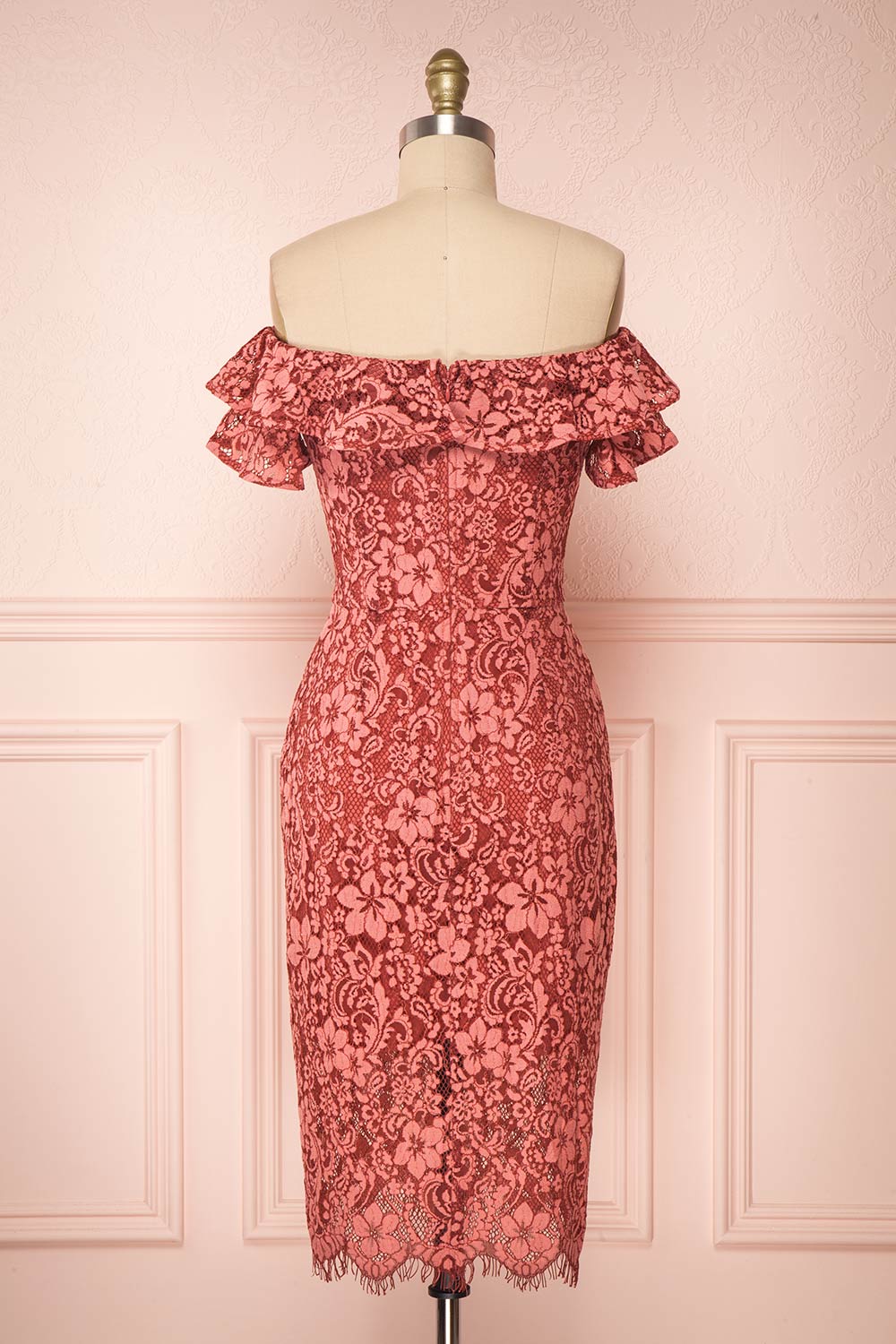 Gwendoline Pink Lace Off-Shoulder Short Fitted Dress | Boutique 1861 back view
