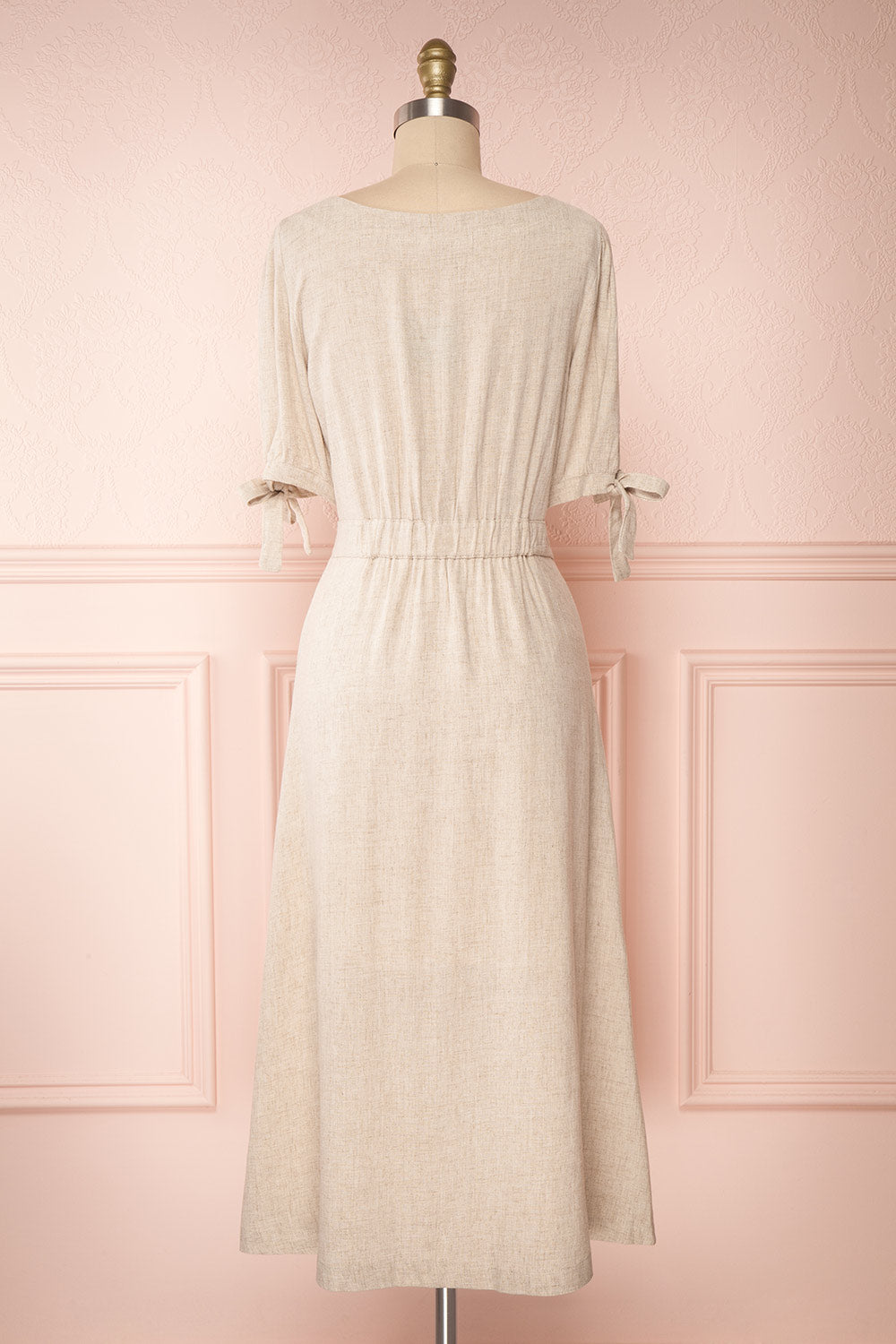 Hadeon Beige Midi A-Line Dress | Robe en Lin back view | Boutique 1861