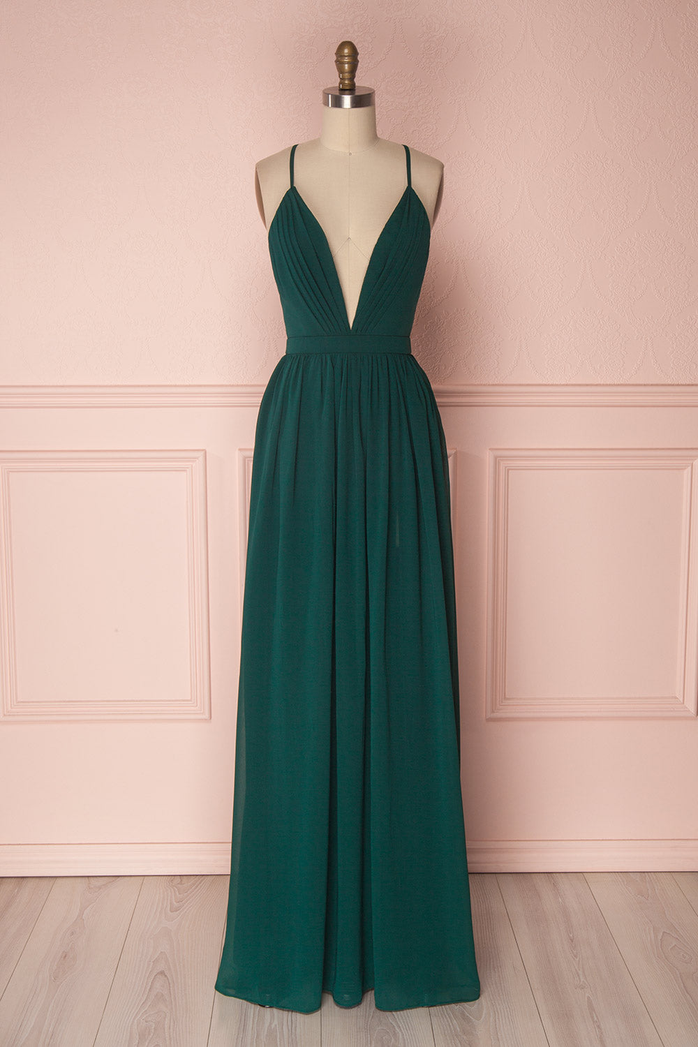 Haley Forest Green Chiffon Gown with Décolleté | Boutique 1861
