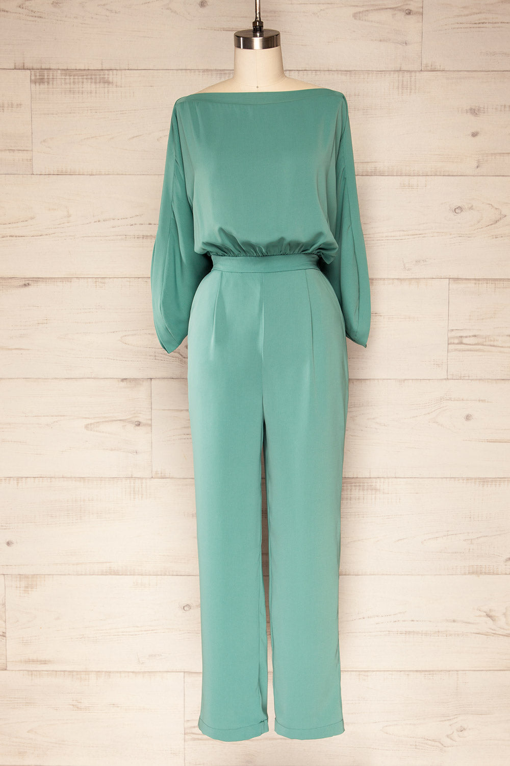 Hanrine Green Boat Neckline Jumpsuit w/ Pockets | La petite garçonne front view