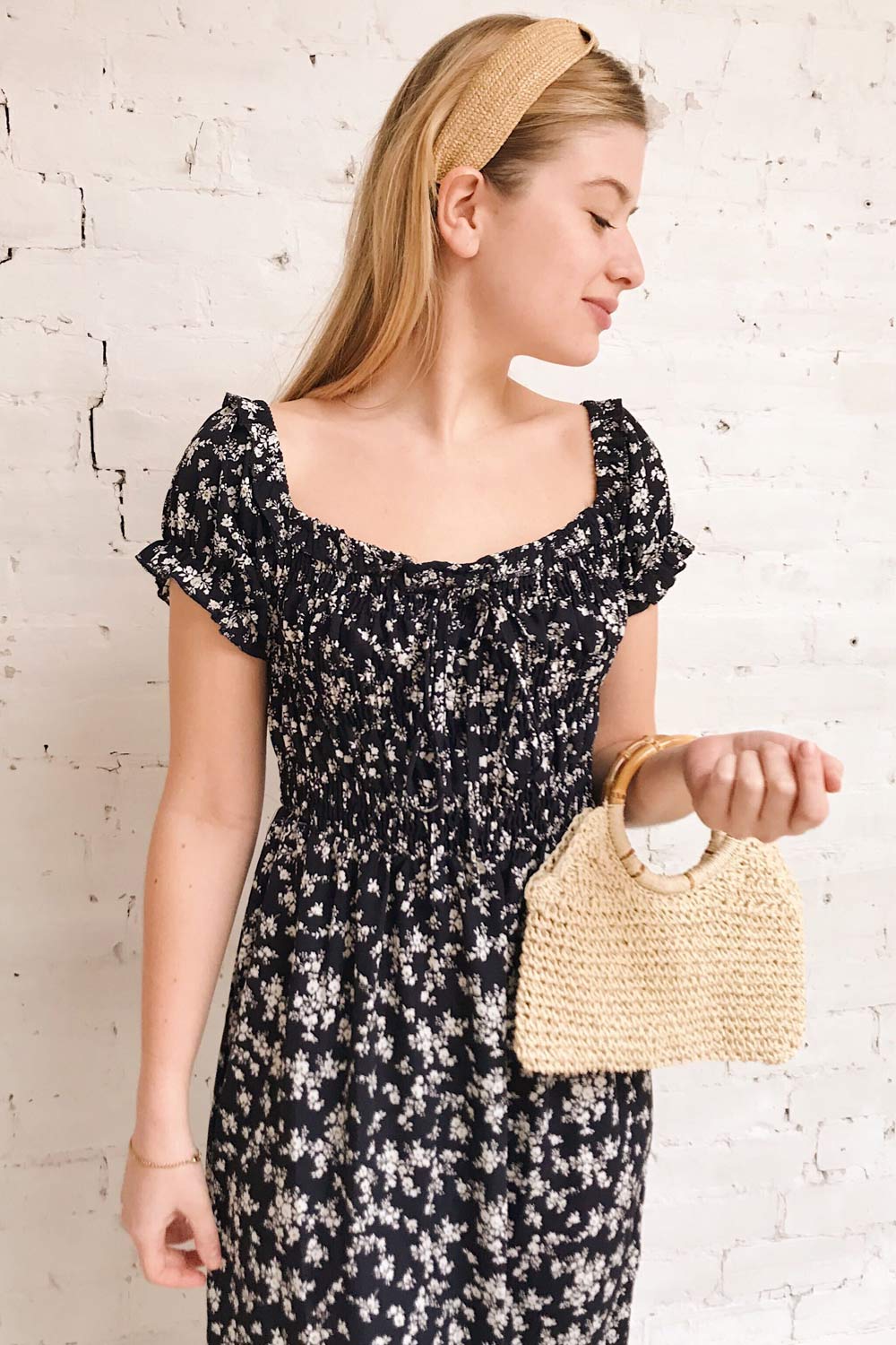 Lison Navy Floral Off-Shoulder Midi Dress | Boutique 1861 on model