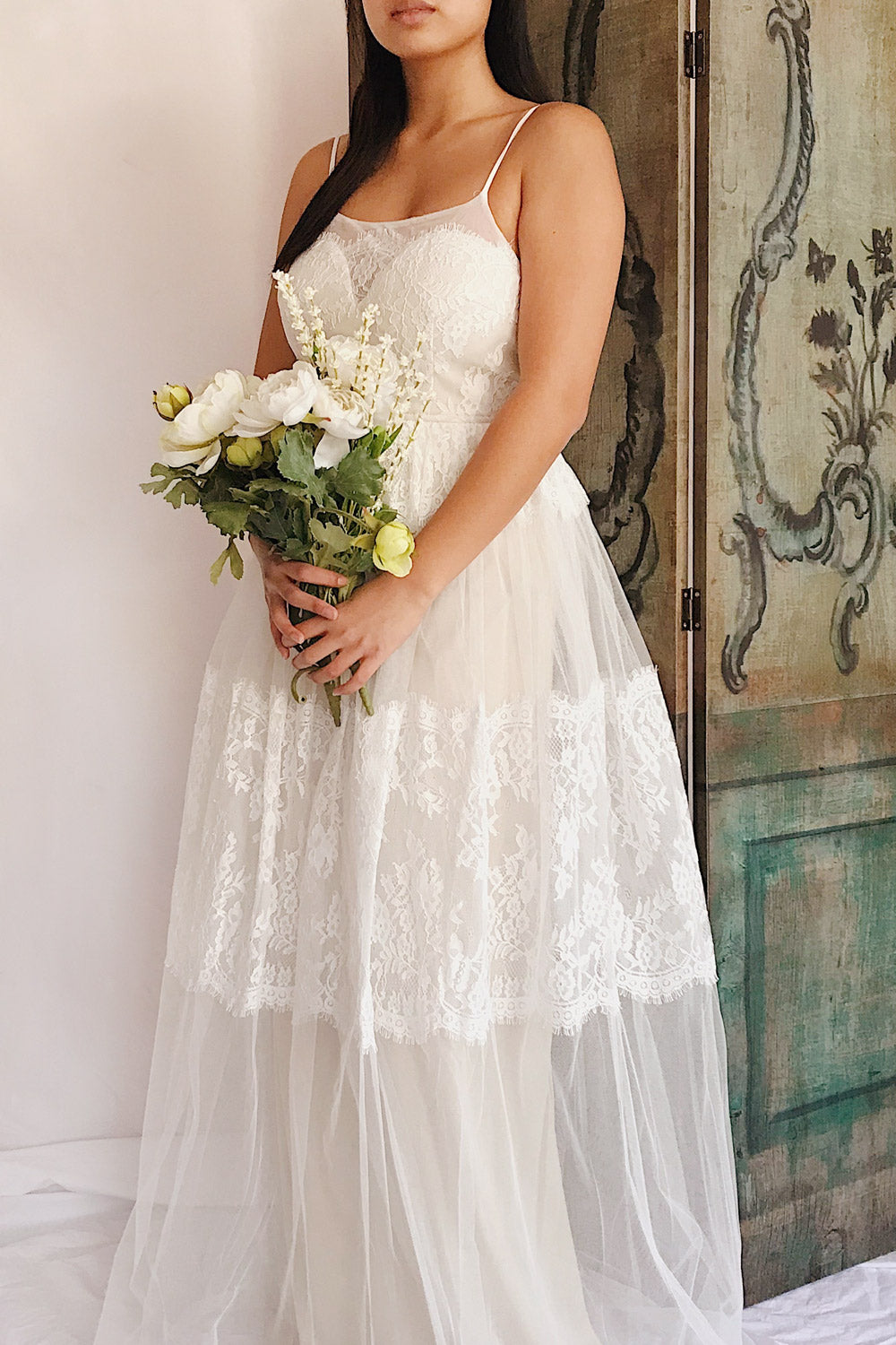 Henwen Ivory White Tulle Maxi Dress | Boudoir 1861 model flower