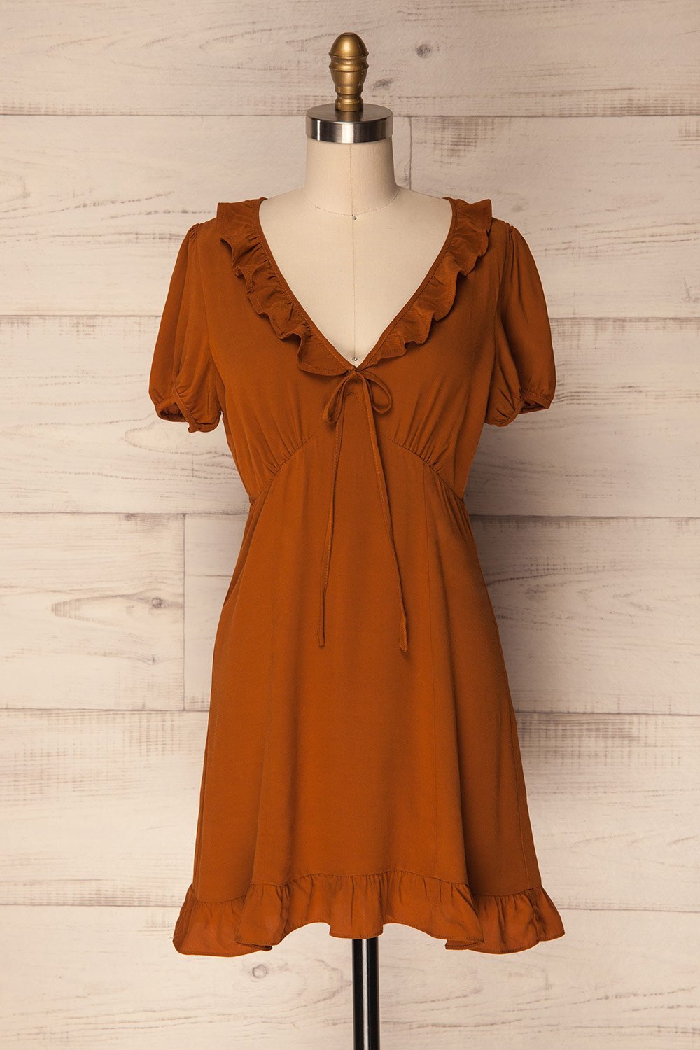 Hereford Burnt Orange Ruffled Fitted Dress | La Petite Garçonne