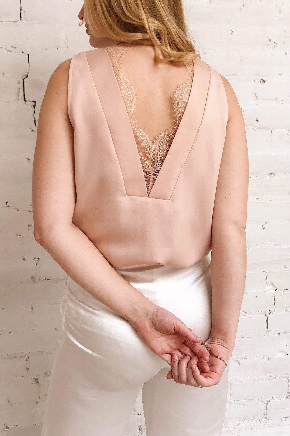 Herstal Blush Pink Blouse w/ V Back | La petite garçonne on model
