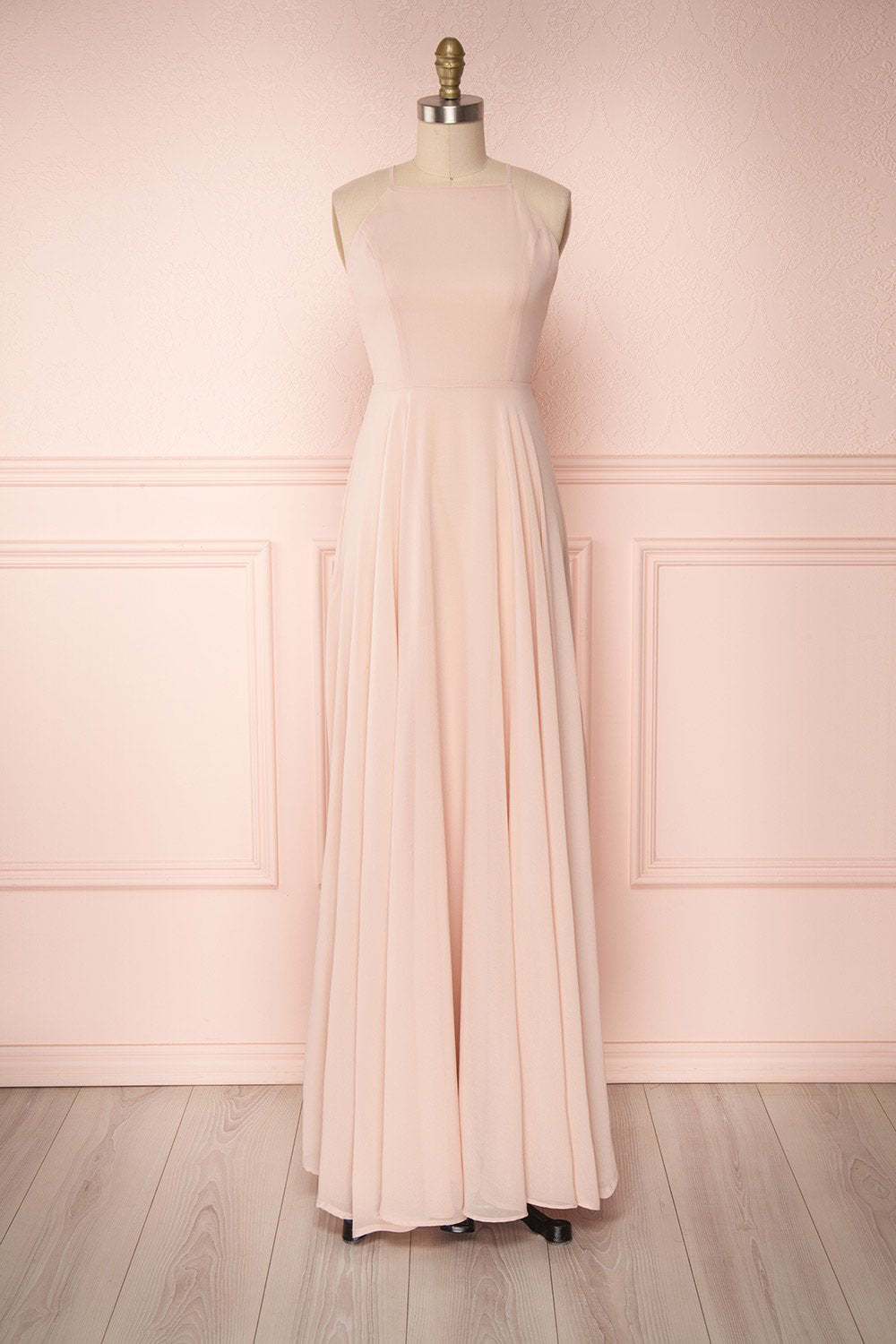 Hirni Pink Chiffon Open Back A-Line Gown