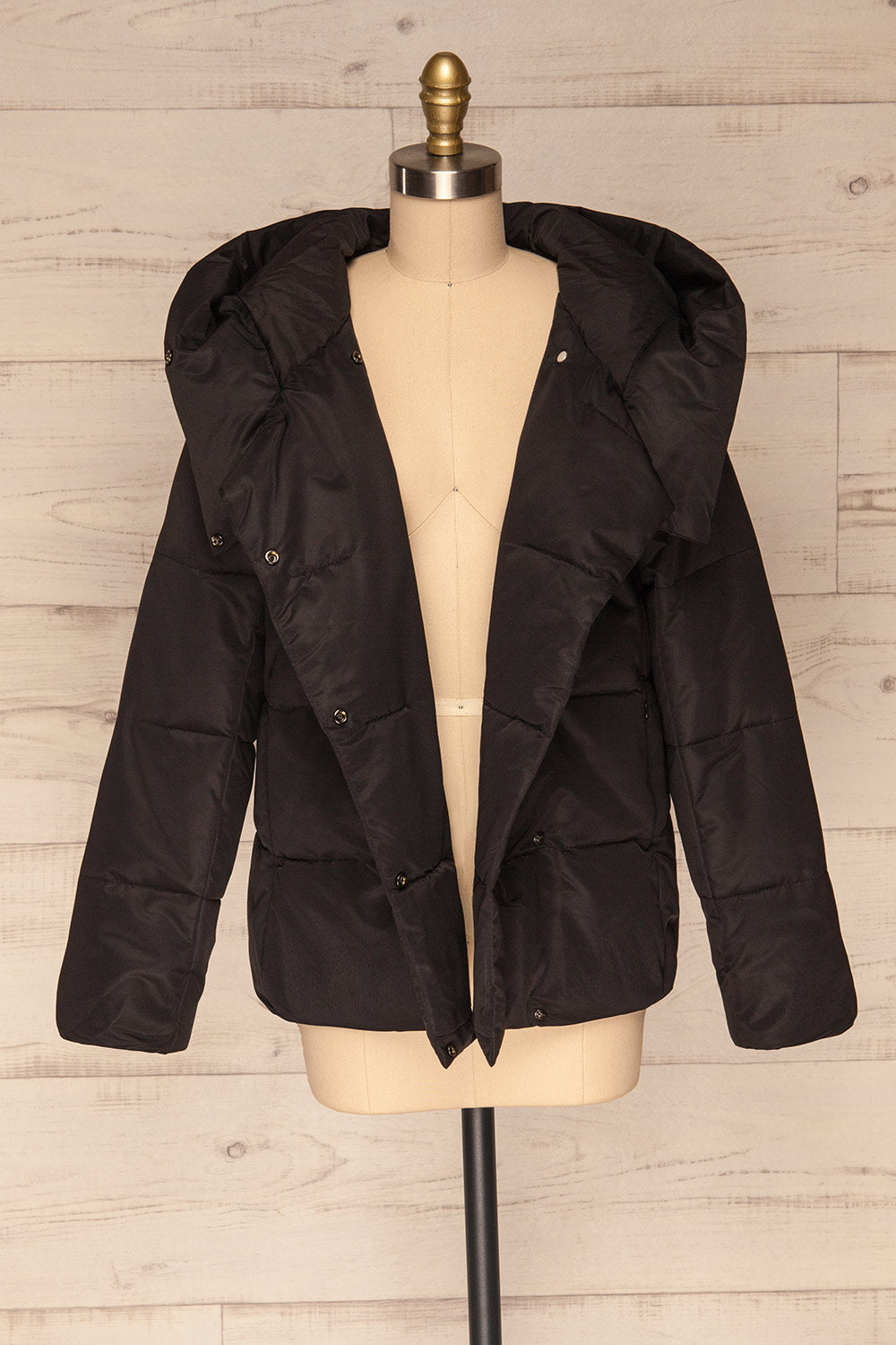 Huddersfield Black Short Quilted Coat with Hood | La Petite Garçonne front view open