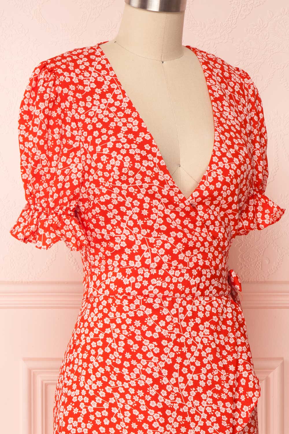 Hyemi Fire Red & White Floral Summer Wrap Dress | Boutique 1861