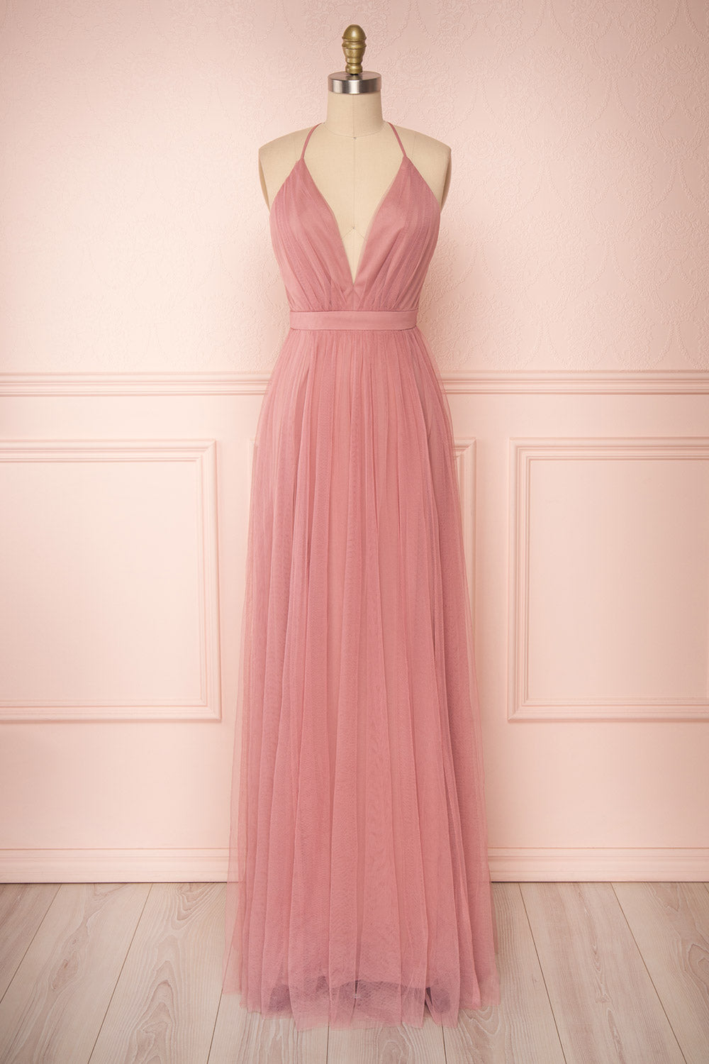 Ilaria Rose Pink Mesh Gown with Plunging Neckline | Boutique 1861 front view