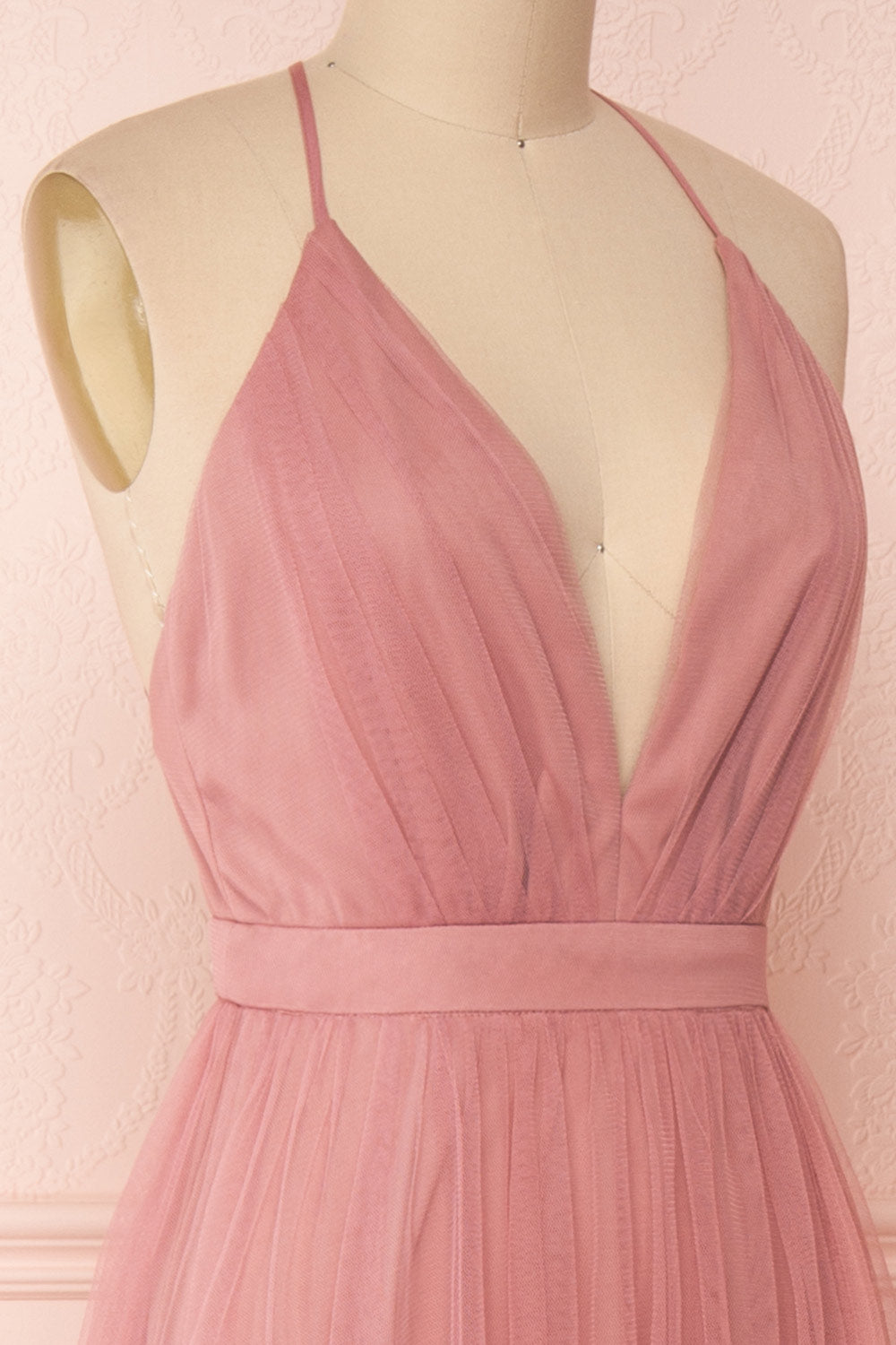 Ilaria Rose Pink Mesh Gown with Plunging Neckline | Boutique 1861 side close-up