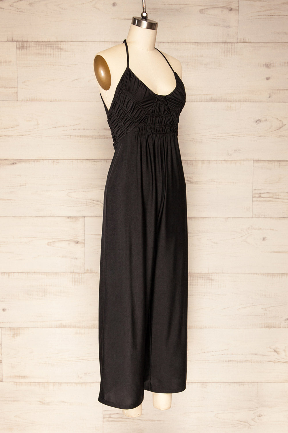 Imatra Black Flare Leg Jumpsuit w/ Tied Straps | La petite garçonne side view