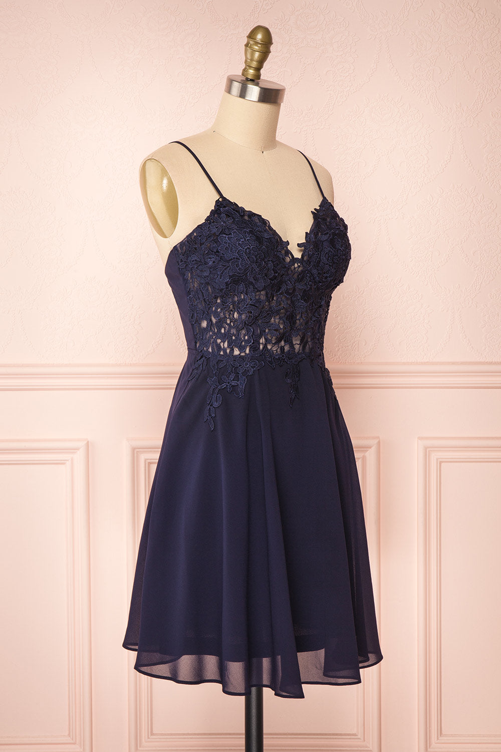 Irena Lapis Navy Blue Short Dress w/ Embroidered Mesh | Boutique 1861 side view