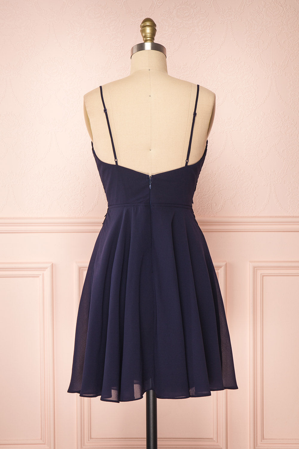 Irena Lapis Navy Blue Short Dress w/ Embroidered Mesh | Boutique 1861 back view