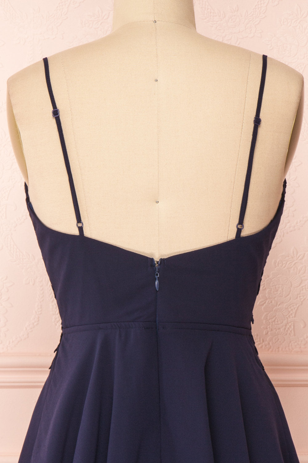 Irena Lapis Navy Blue Short Dress w/ Embroidered Mesh | Boutique 1861 back close-up