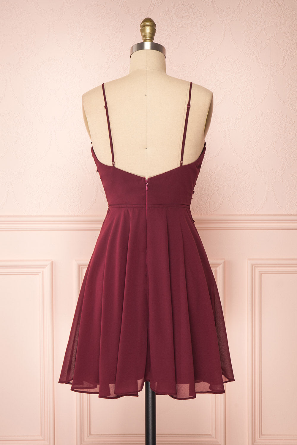 Irena Ruby Burgundy Short Dress w/ Embroidered Mesh | Boutique 1861 back view
