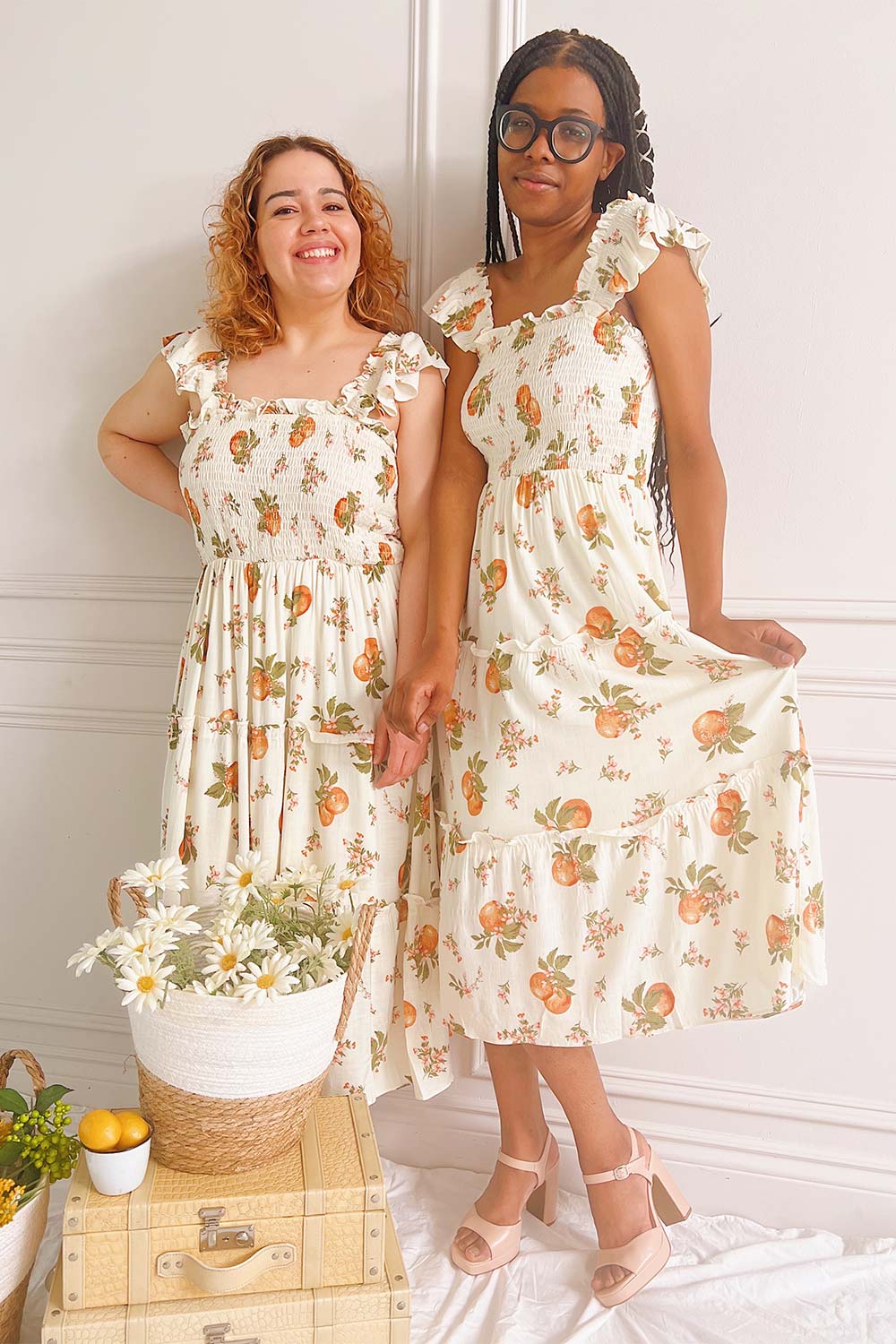 Islanda Midi Dress w/ Orange Blossom Print | Boutique 1861 on model
