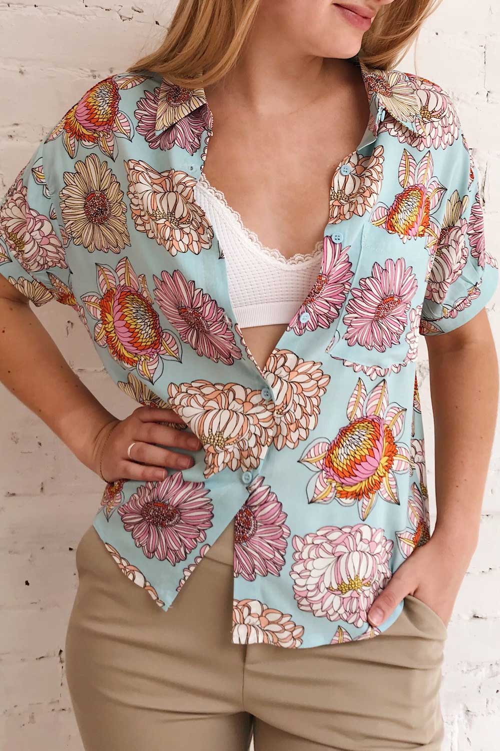 Jacinthe Colourful Floral Print Short Sleeve Shirt | Boutique 1861 on model