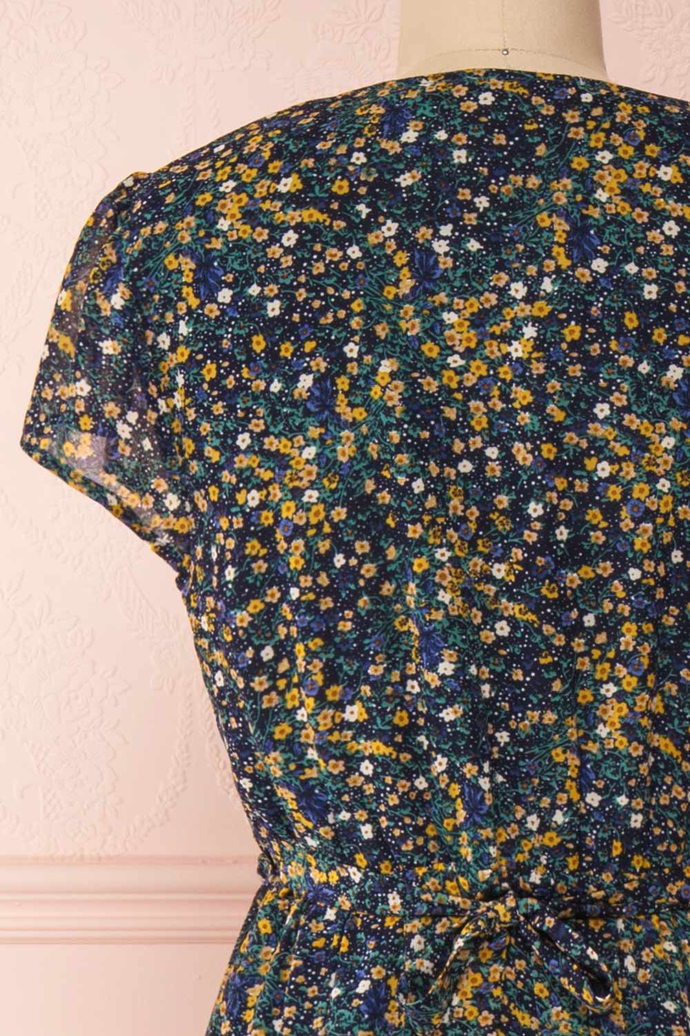 Jadulium Navy Floral Midi Wrap Dress | Boutique 1861 back close-up