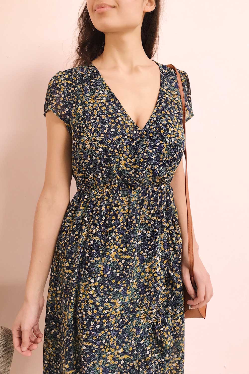 Jadulium Navy Blue Floral Midi Wrap Dress | Boutique 1861 model close up