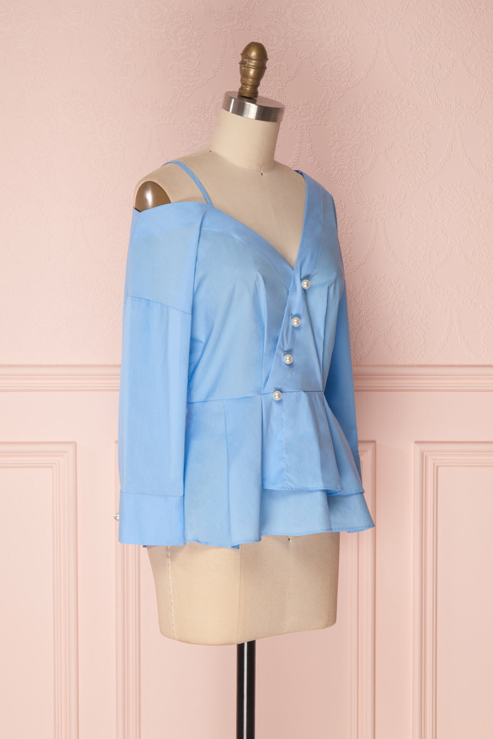 Jaina Light Blue Peplum Blouse with Pearls Buttons | Boutique 1861 4