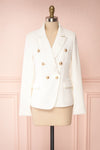 Jatayu White Tailored Jacket w/ Gold Buttons front view | Boudoir 1861