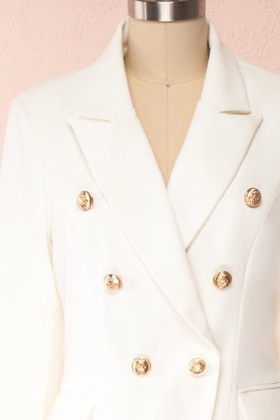 Jatayu White Tailored Jacket w/ Gold Buttons front close up | Boudoir 1861
