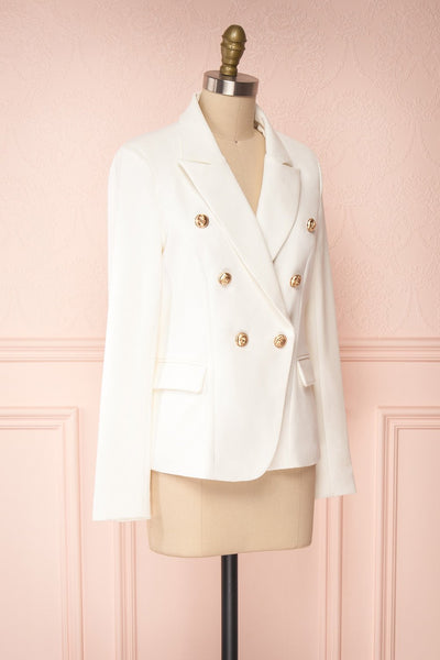 Jatayu White Tailored Jacket w/ Gold Buttons side view | Boudoir 1861