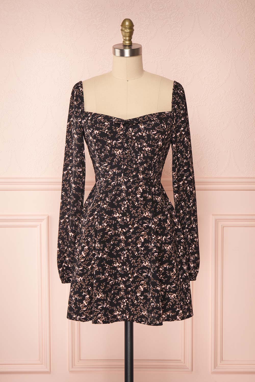 Javouhey Black Floral Long Sleeved A-Line Dress | Boutique 1861 front view
