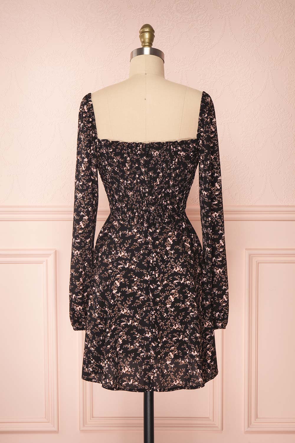 Javouhey Black Floral Long Sleeved A-Line Dress | Boutique 1861 back view