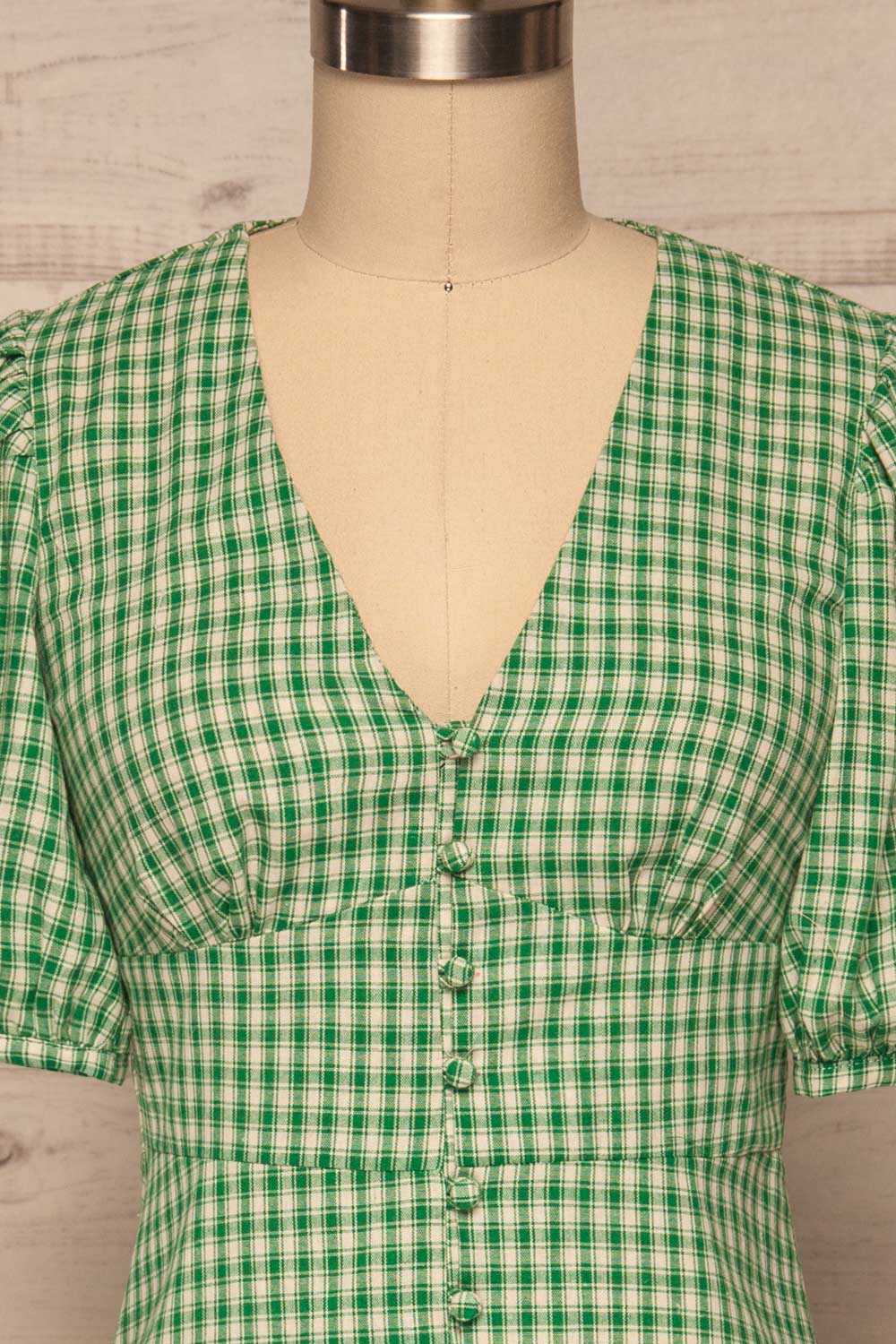Jirina Green Gingham Short Dress | La petite garçonne front close up
