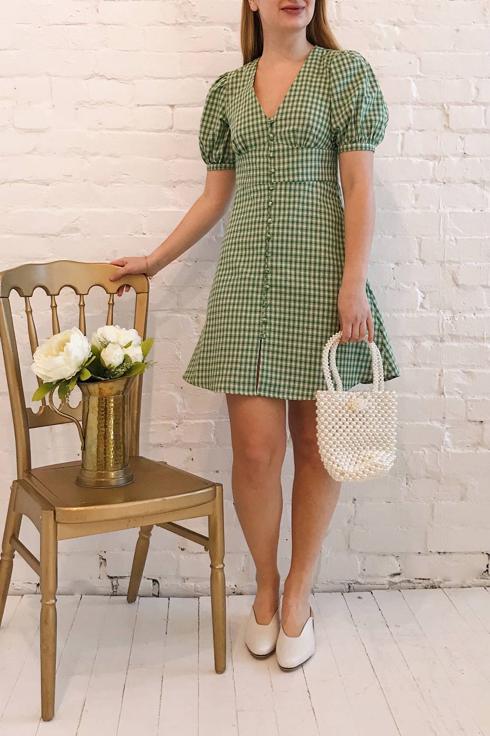 Jirina Green Gingham Short Dress | La petite garçonne model look 2