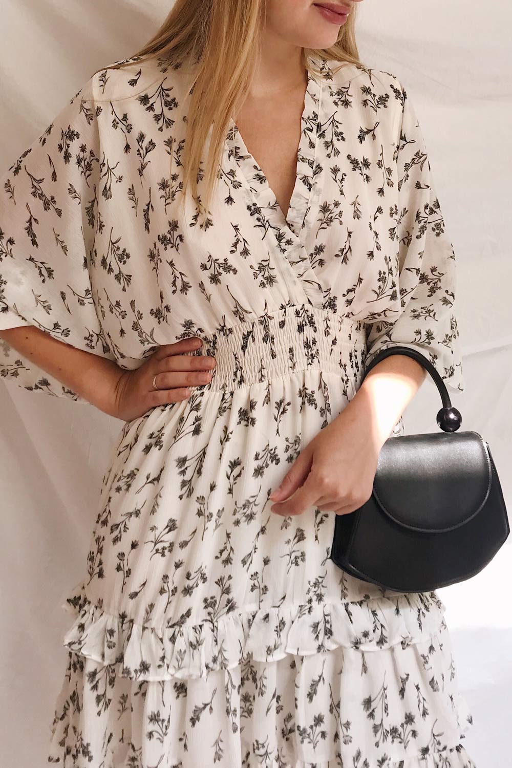 Joanie White Puffy Sleeve Floral Dress | Boutique 1861 on model