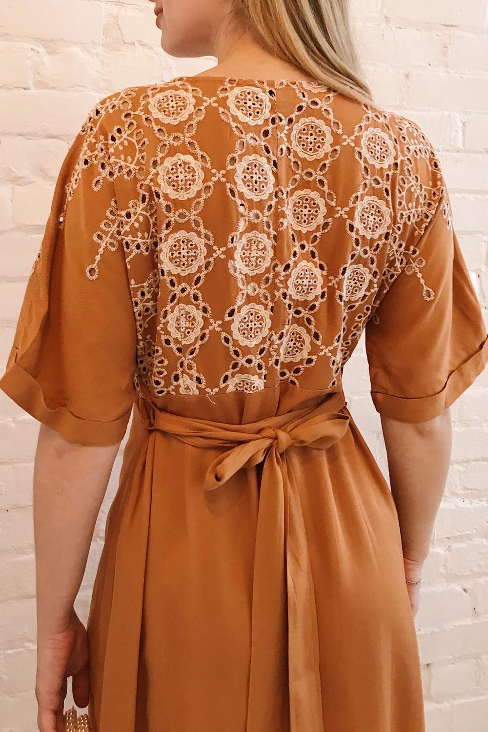 Jodie Camel Orange Button-Up Midi Dress | Boutique 1861 on model