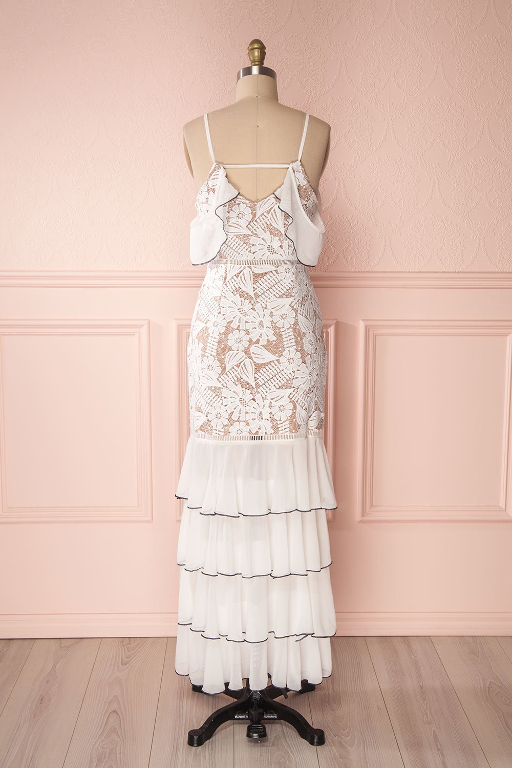 Jonalyn | White & Beige Crocheted Lace & Ruffles Dress