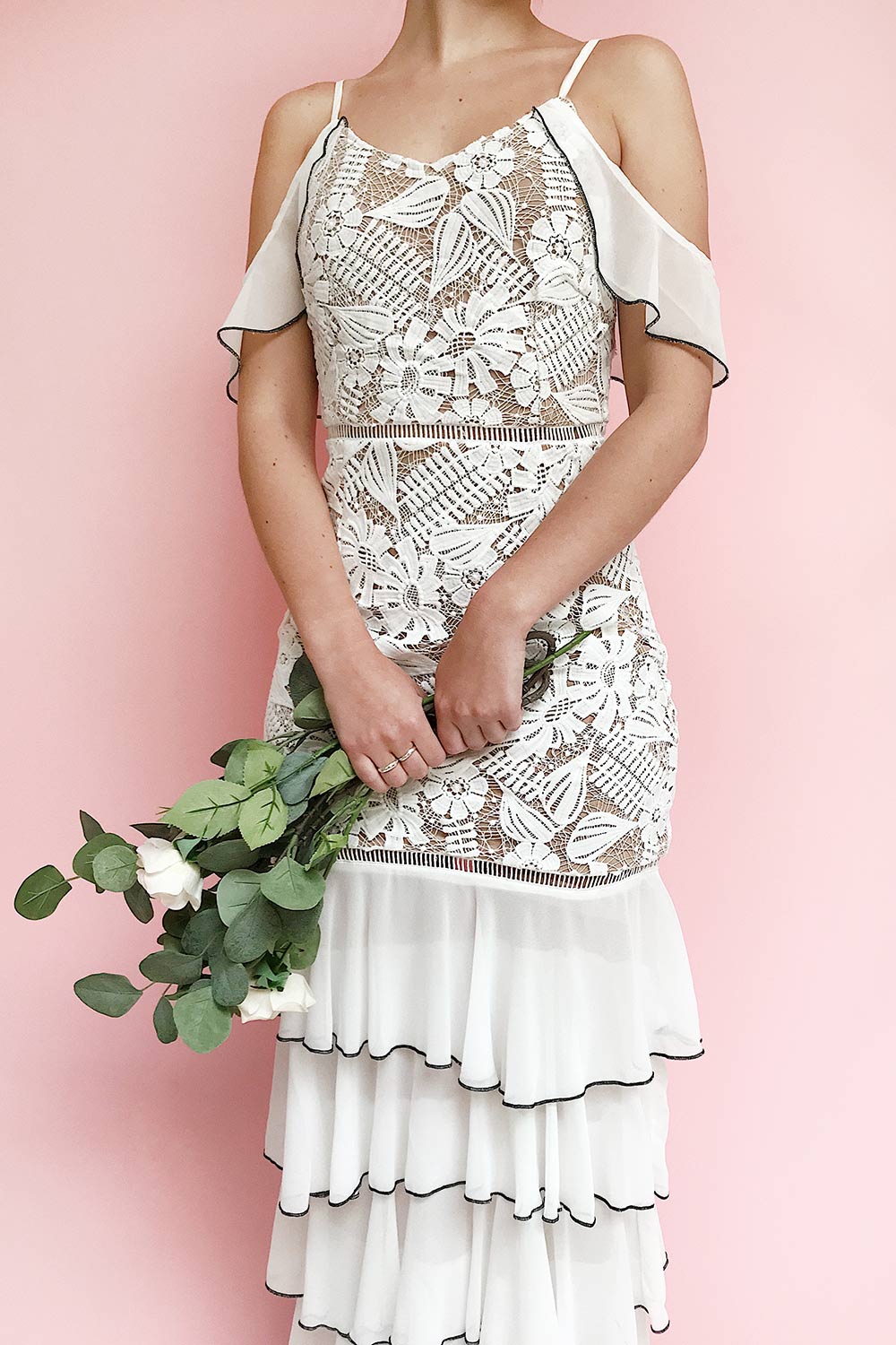 Jonalyn | White & Beige Crocheted Lace & Ruffles Dress