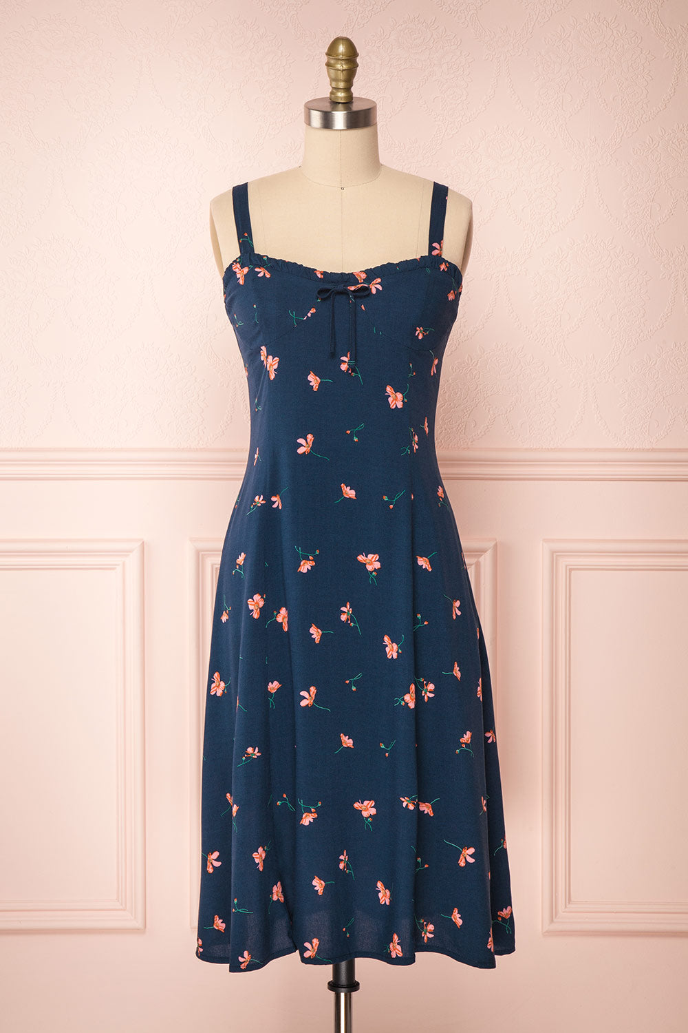 Jorunn Navy Blue & Pink Floral Flare Summer Dress | Boutique 1861