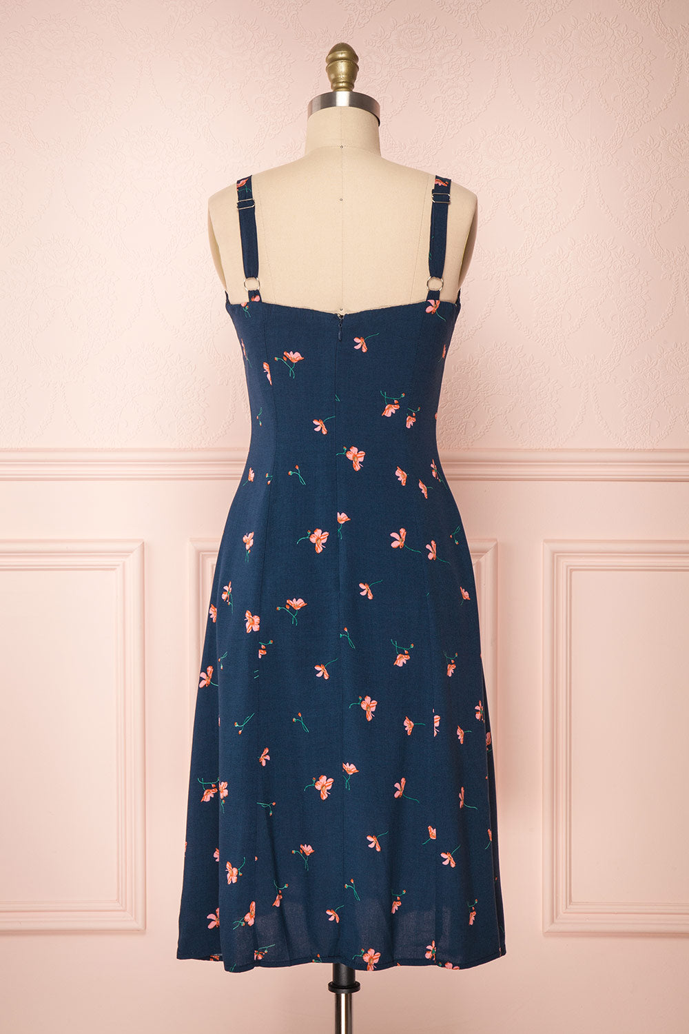 Jorunn Navy Blue & Pink Floral Flare Summer Dress | Boutique 1861