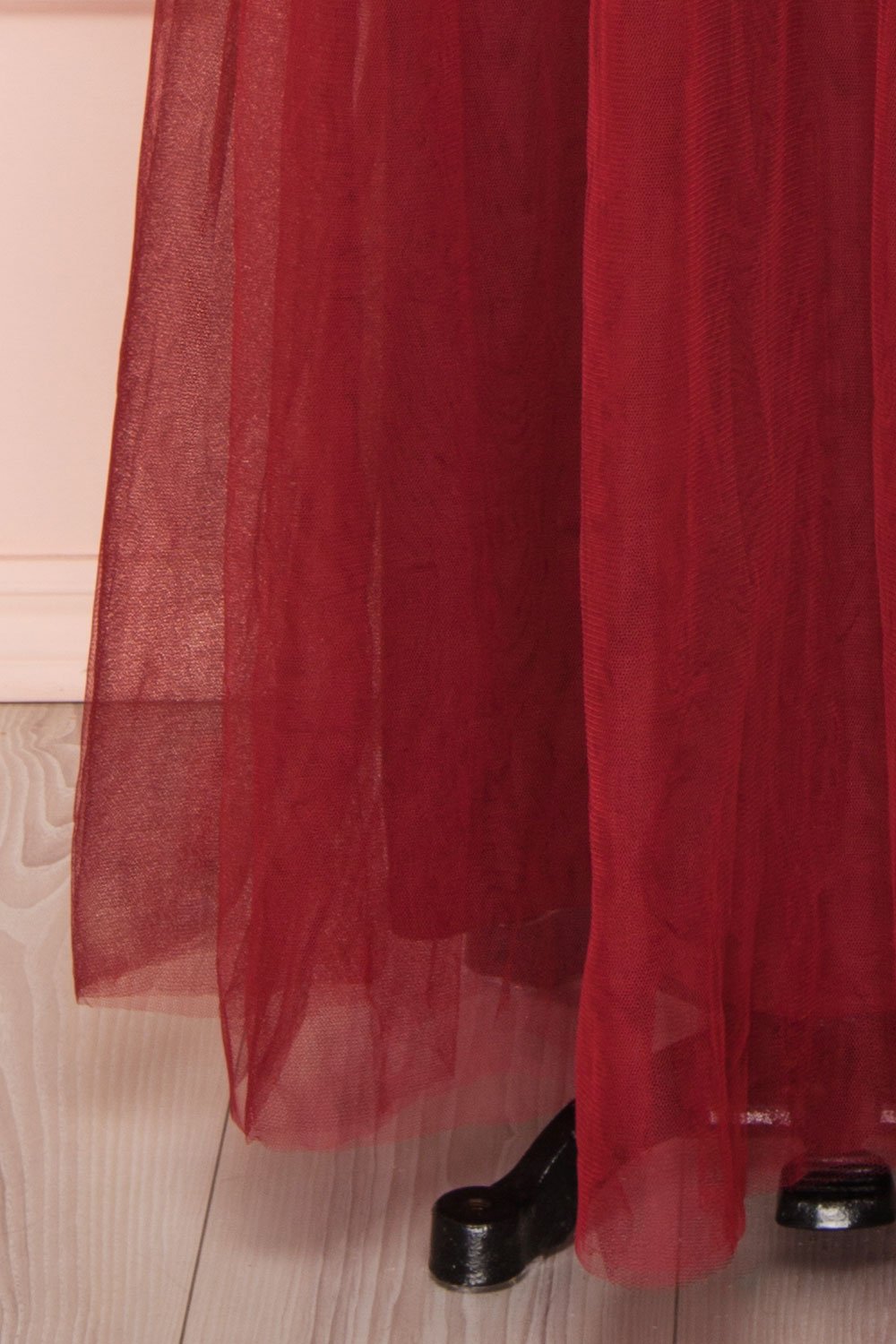 Josiane Burgundy Tulle A-Line Gown | Robe Maxi skirt close up | Boutique 1861