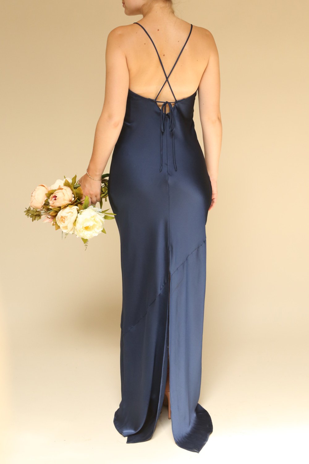 Jude Marine | Robe Maxi Licou en Satin à Dos Ouvert