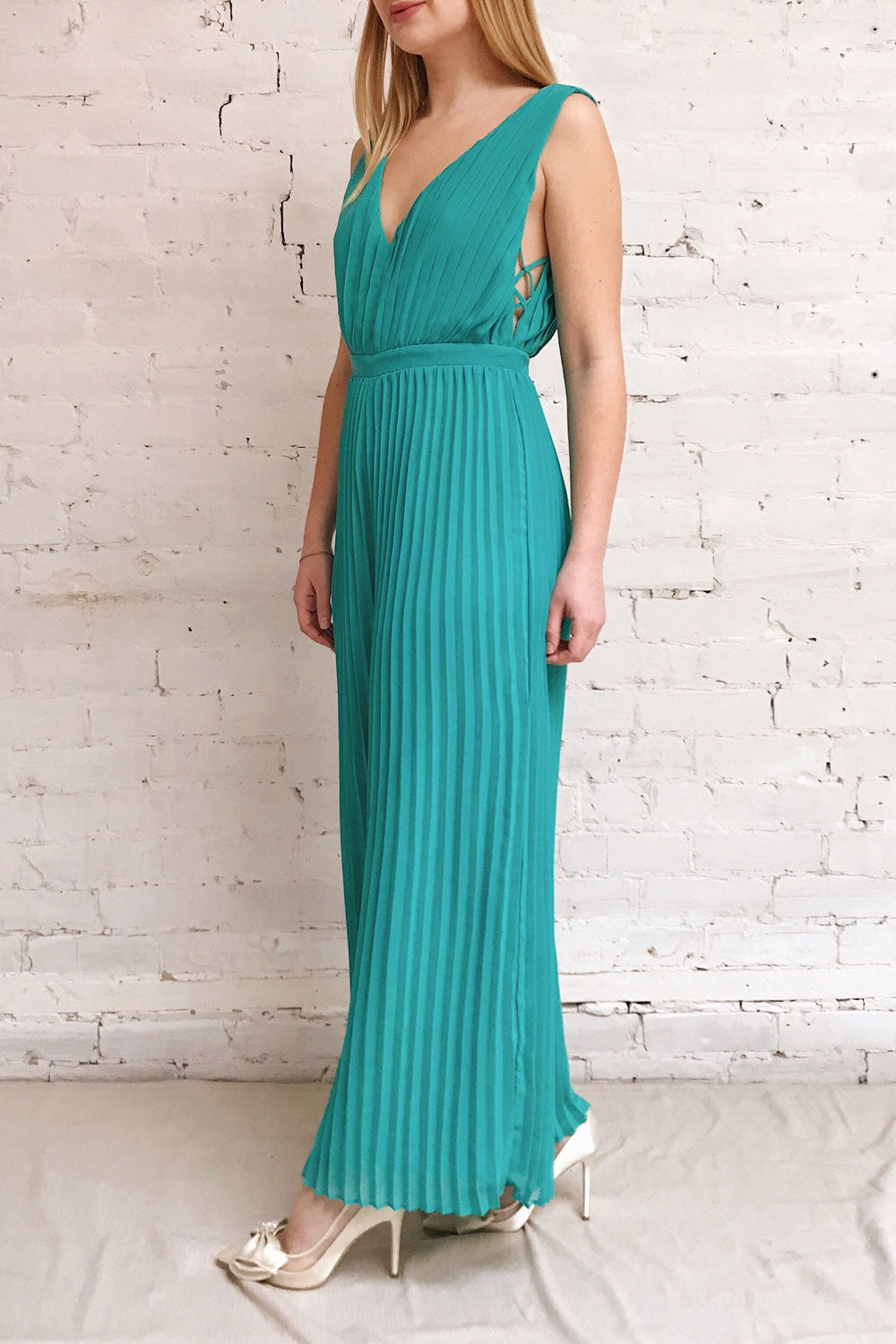 Segoleny Turquoise Pleated Wide Leg Jumpsuit | Boutique 1861 model look