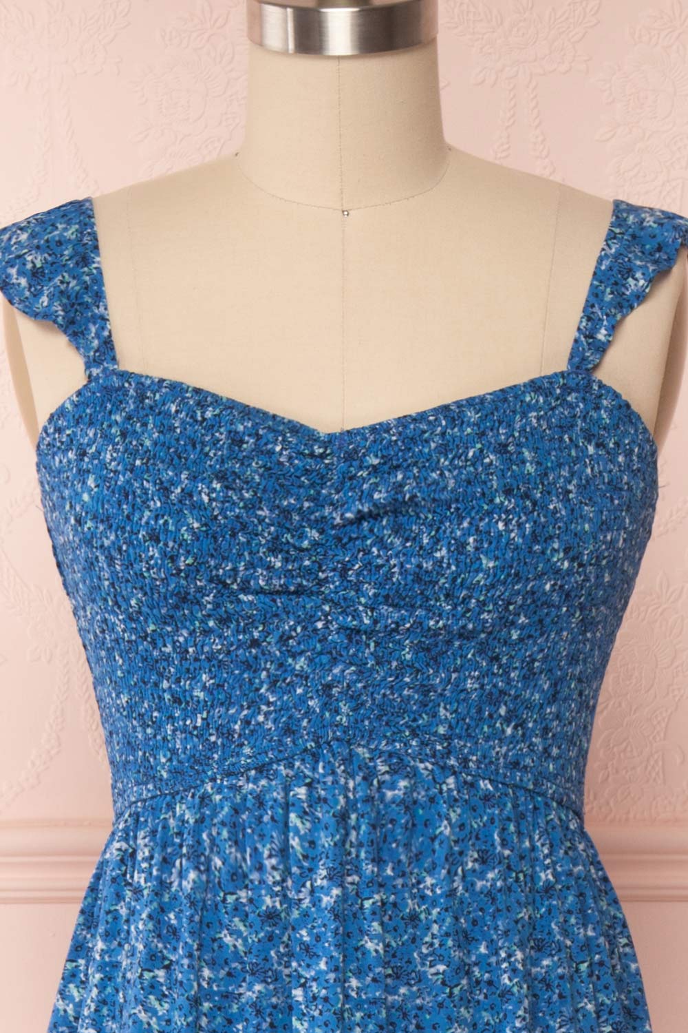 Junonia Blue Floral High-Low Dress w/ Frills | Boutique 1861 front close up