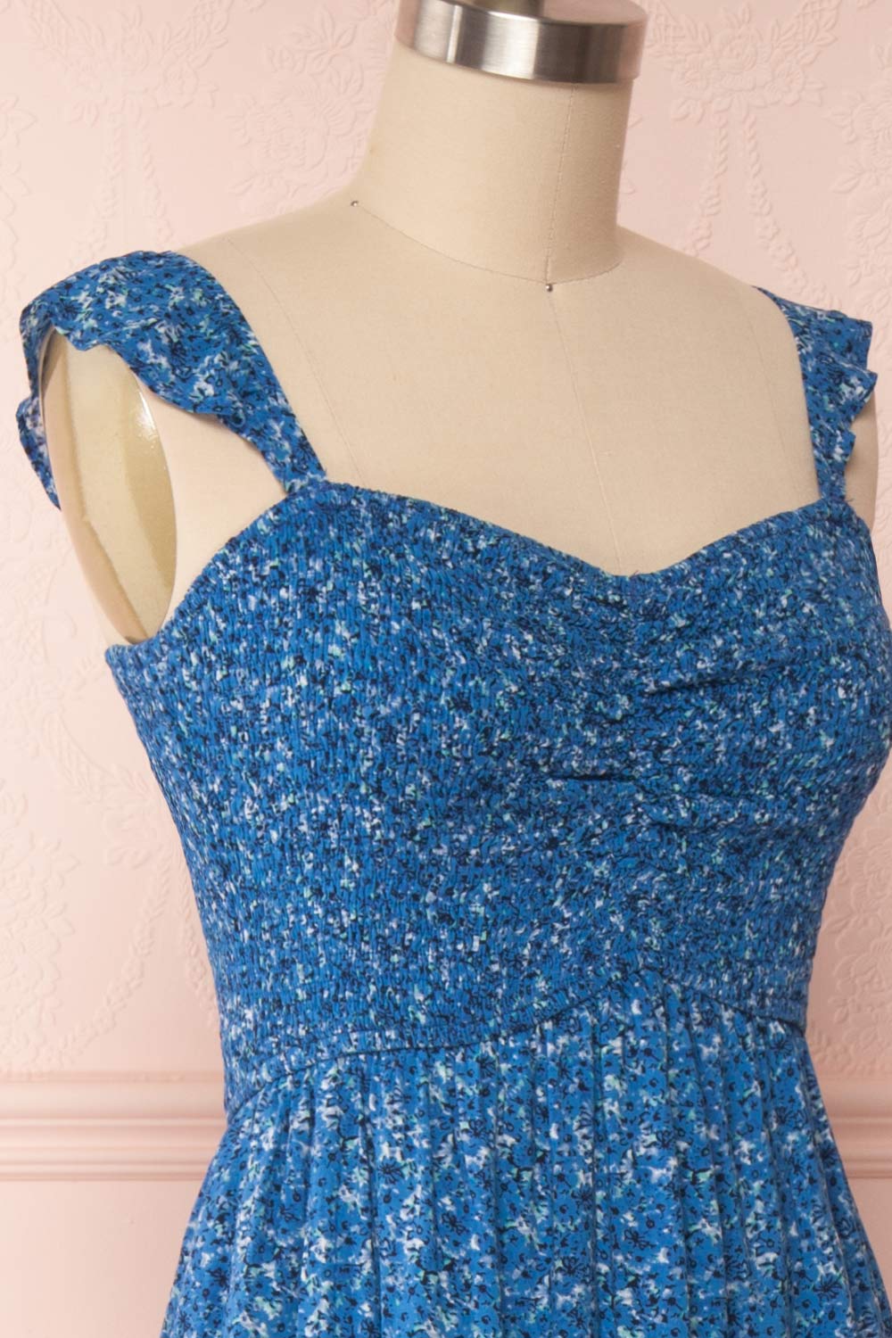 Junonia Blue Floral High-Low Dress w/ Frills | Boutique 1861 side close up