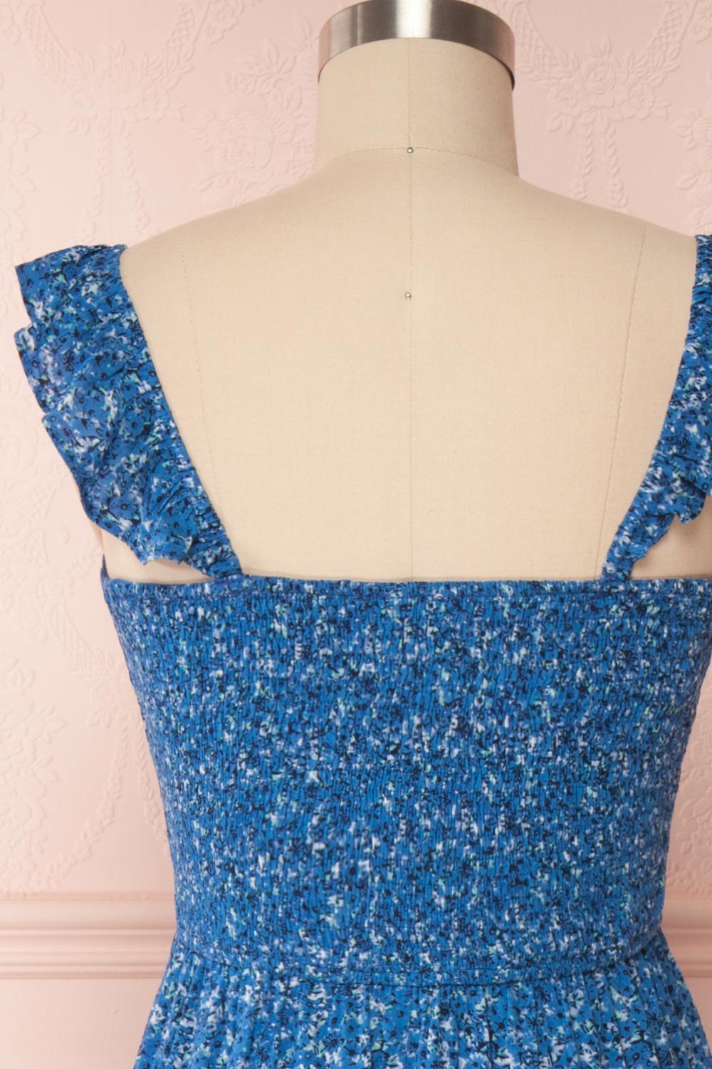 Junonia Blue Floral High-Low Dress w/ Frills | Boutique 1861 back close up