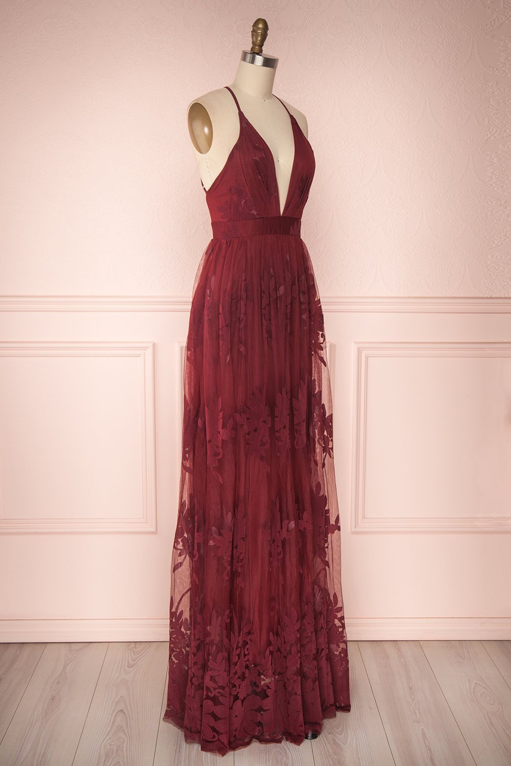 Kailania Bourgogne | Robe Maxi Fleurie à Décolleté Plongeant