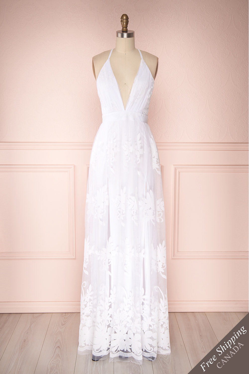 Kailania White Plunging Neckline Mesh Maxi Gown
