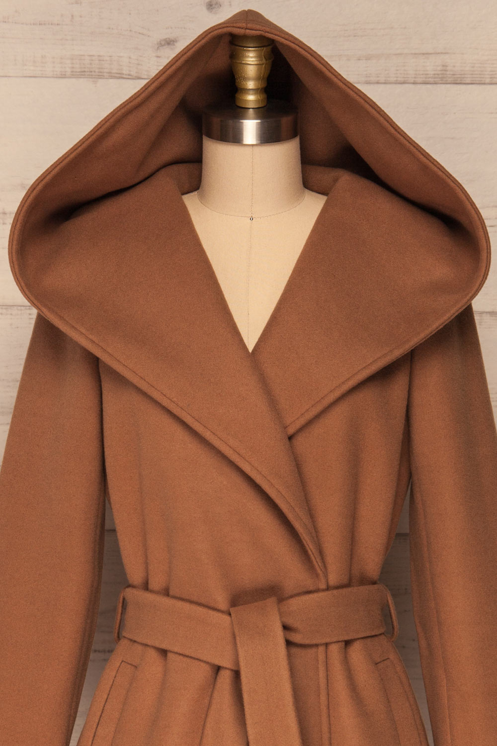 Almeirim Brown Felt Trench Coat | La Petite Garçonne front hood close-up