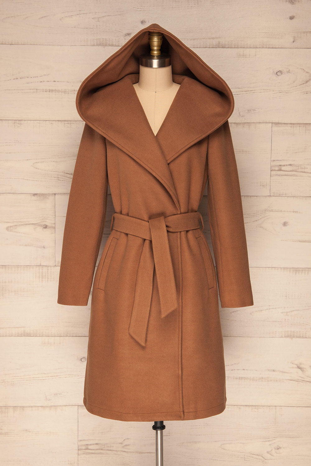 Almeirim Brown Felt Trench Coat | La Petite Garçonne front hood view