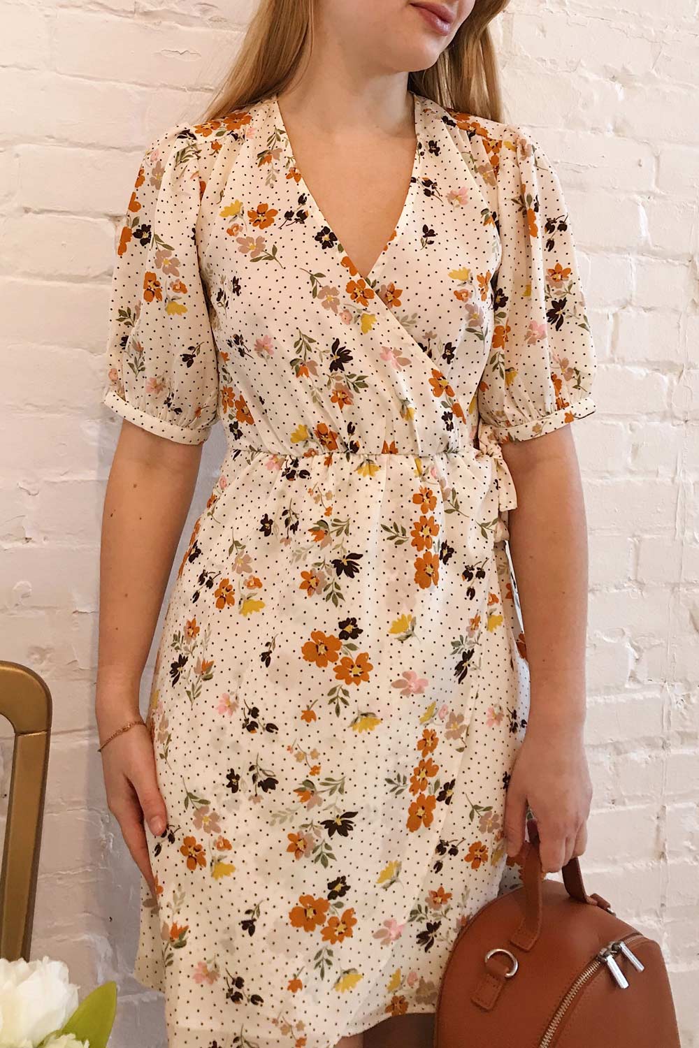 Kassy Beige Floral Patterned Short Dress | Boutique 1861 on model