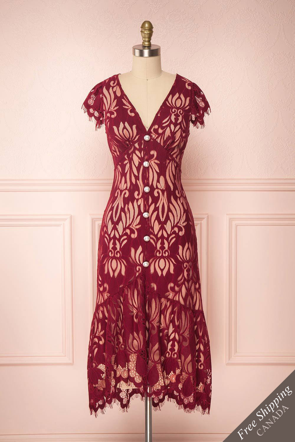 Kehaulani Burgundy Lace Button-Up Cocktail Dress | Boutique 1861