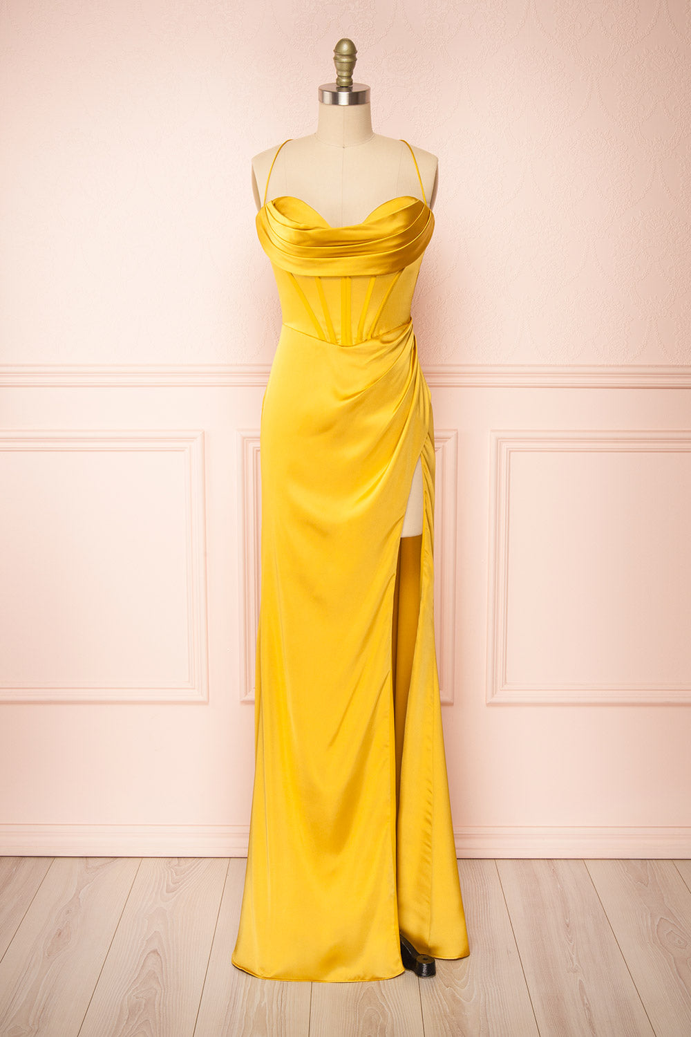 Kesha Yellow Corset Cowl Neck Maxi Dress Boutique 1861