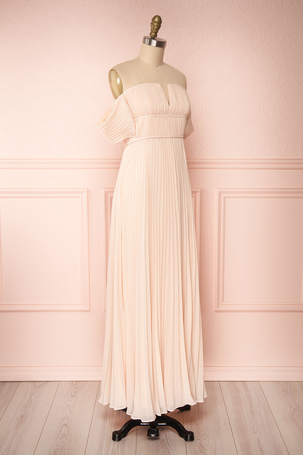 Khalida Light Pink Pleated Maxi Dress side view | Boudoir 1861